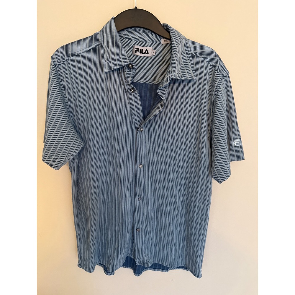 Fila Mens Medium Blue Striped Short Sleeve Button Down Shirt Logo Sporty Casual